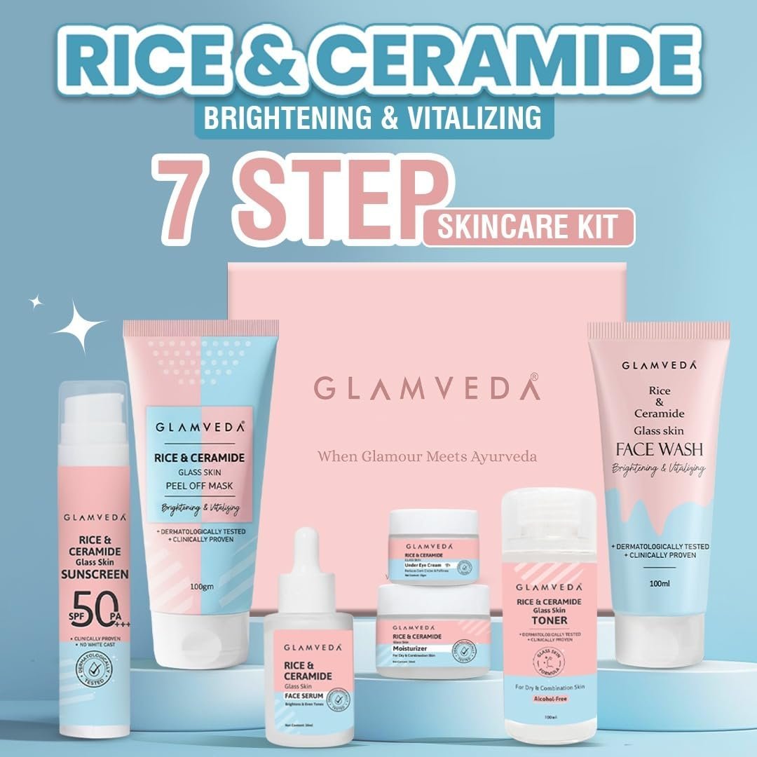 Glamveda Korean 7 Step Skincare Kit for Women | Rice & Ceramide Routine | - Image 2
