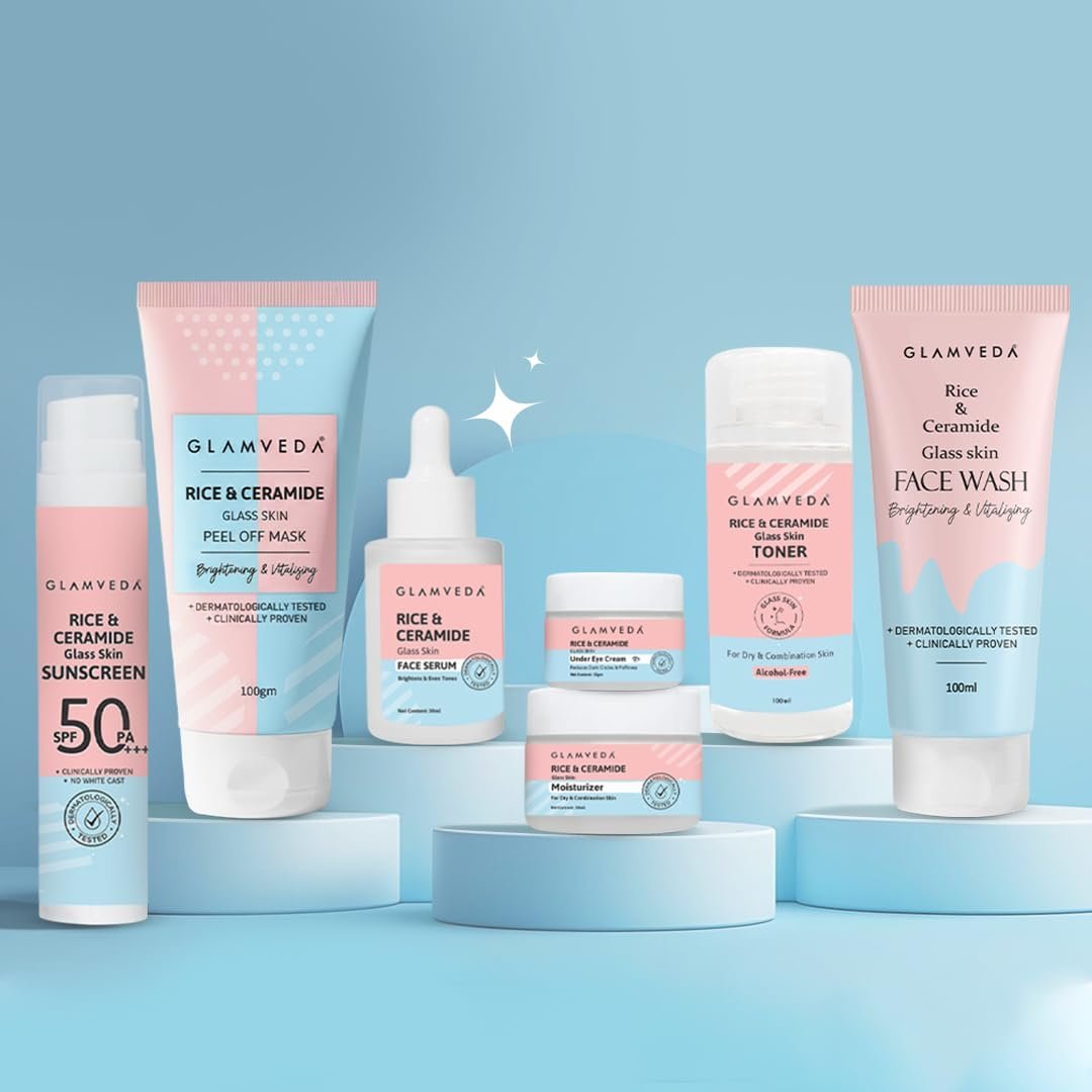 Glamveda Korean 7 Step Skincare Kit for Women | Rice & Ceramide Routine |